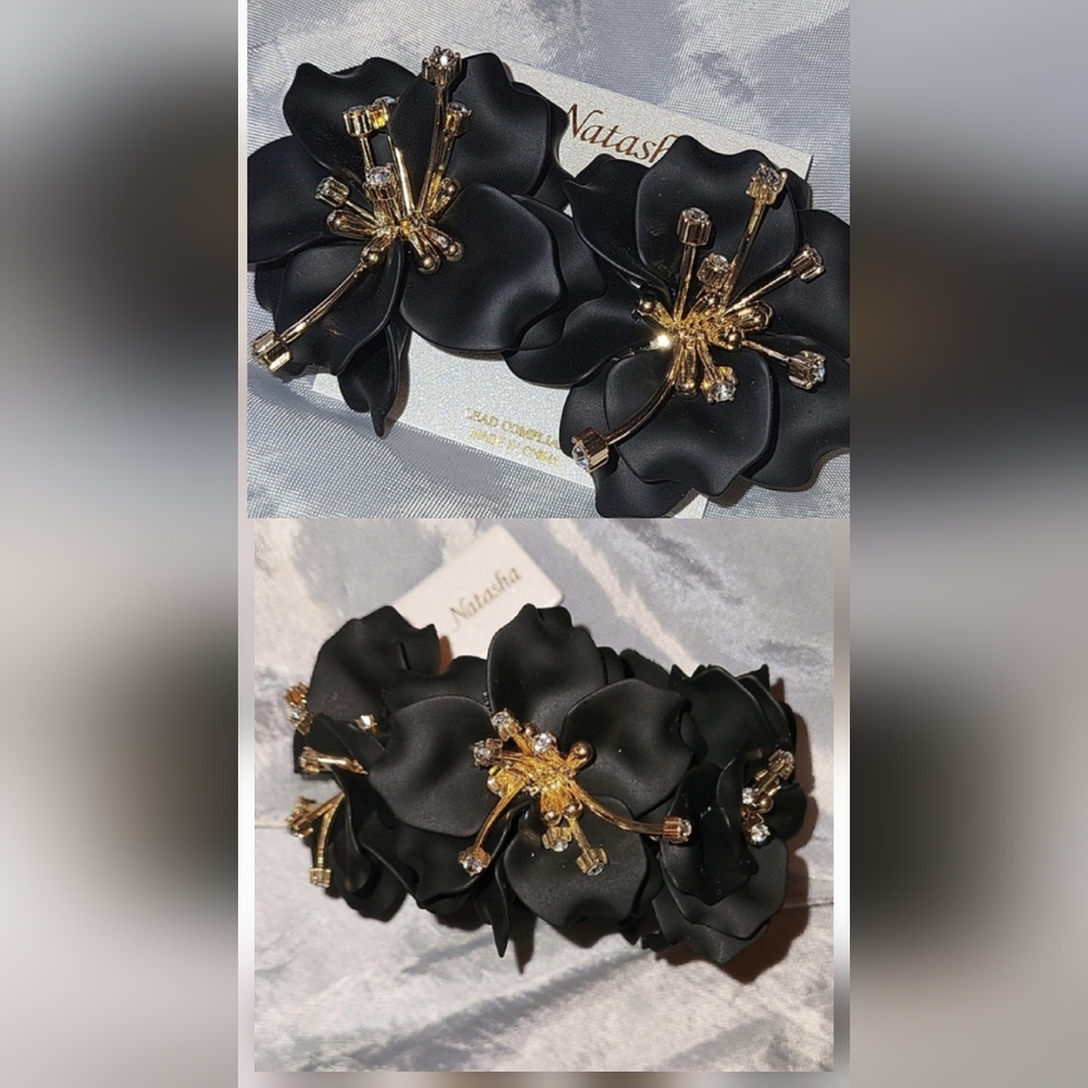 Natasha Couture Black Floral Earrings And Bracelet with Gold Crystal Detail Bnwt